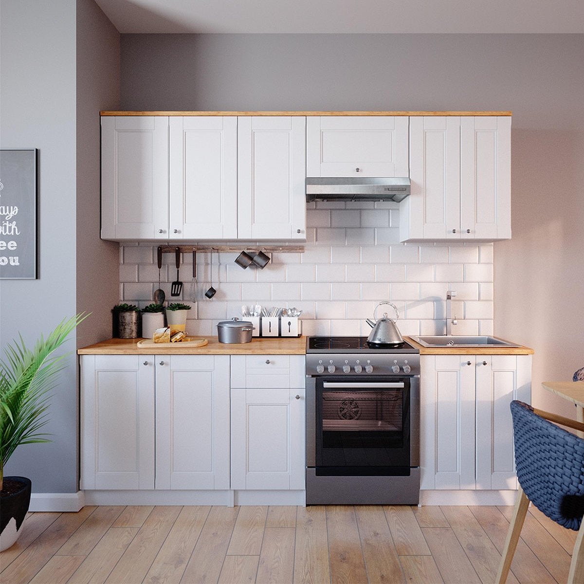 KÜCHENZEILE Bergamo Weiß 240 cm , AP Goldkraft mit LED-Leisten - Honigeiche/Weiß, Holzwerkstoff (240/81.6/60cm) - Vicco