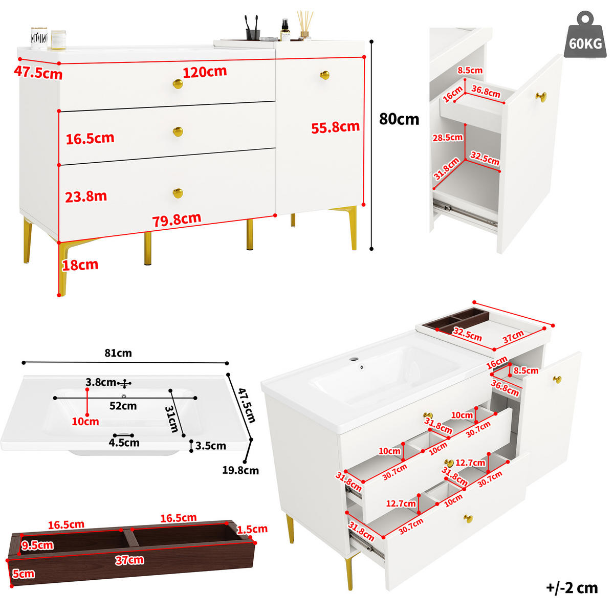 WASCHTISCH Weiß 120/47.5/80 cm - Weiß, Holz (120/80/47.5cm) - PANGIVO
