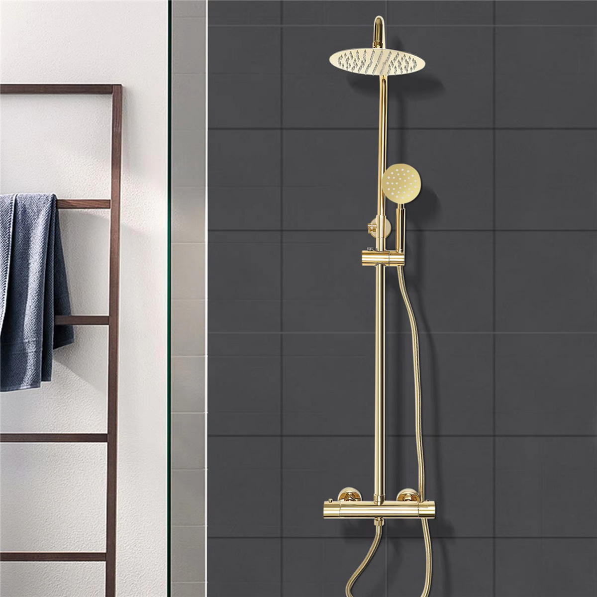 ÜBERKOPFBRAUSESET Thermostat Messing Handbrause Set - Goldfarben, Metall (20/110/35cm) - Kaket