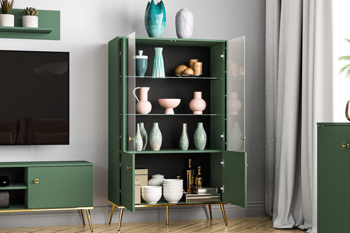 VITRINENSCHRANK ARICIA mit Glaseinlegeböden, Grün - Grün, Holz (92/152/40cm) - KONSIMO®
