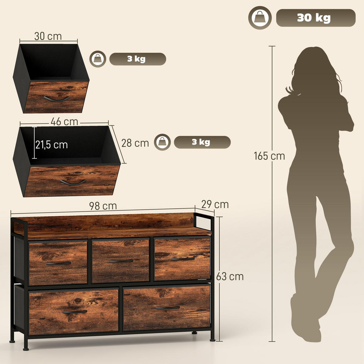 KOMMODE mit 5 Schubladen aus Stoff Kommodenschrank mit Stahlgestell Braun - Braun, Textil (29/63/98cm) - HOMCOM