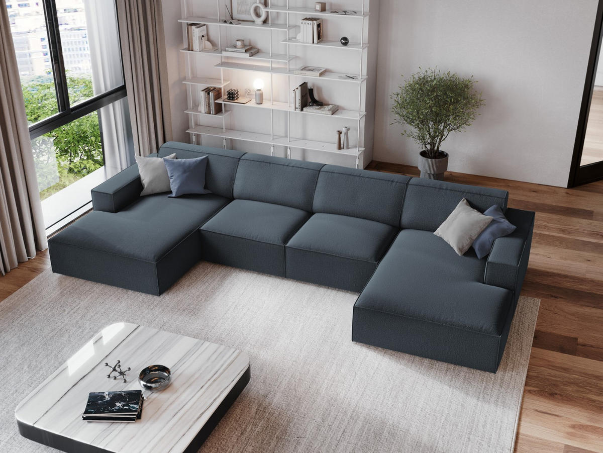 PANORAMASOFA Jodie aus strukturiertem Stoff blau 6 Sitzplätze - Blau, Textil (166/70/364cm) - Micadoni