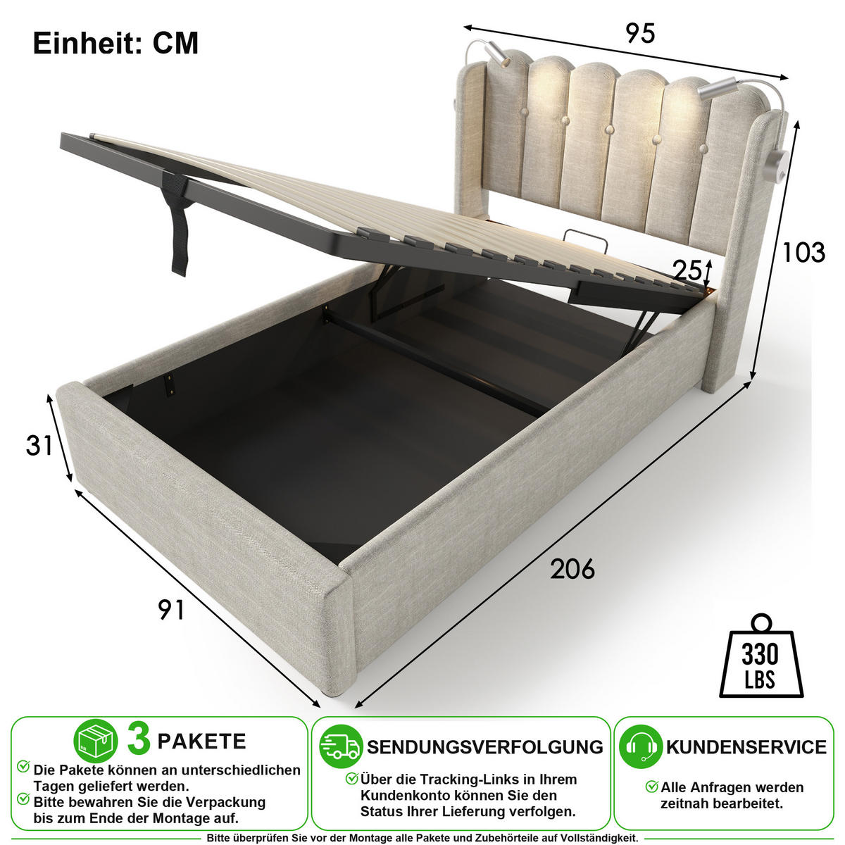POLSTERBETT 90/200 cm in Beige Leinen mit Bettkasten, Leselicht, USB und Matratze - Beige, Holzwerkstoff/Textil (90/200cm) - CHICFURN