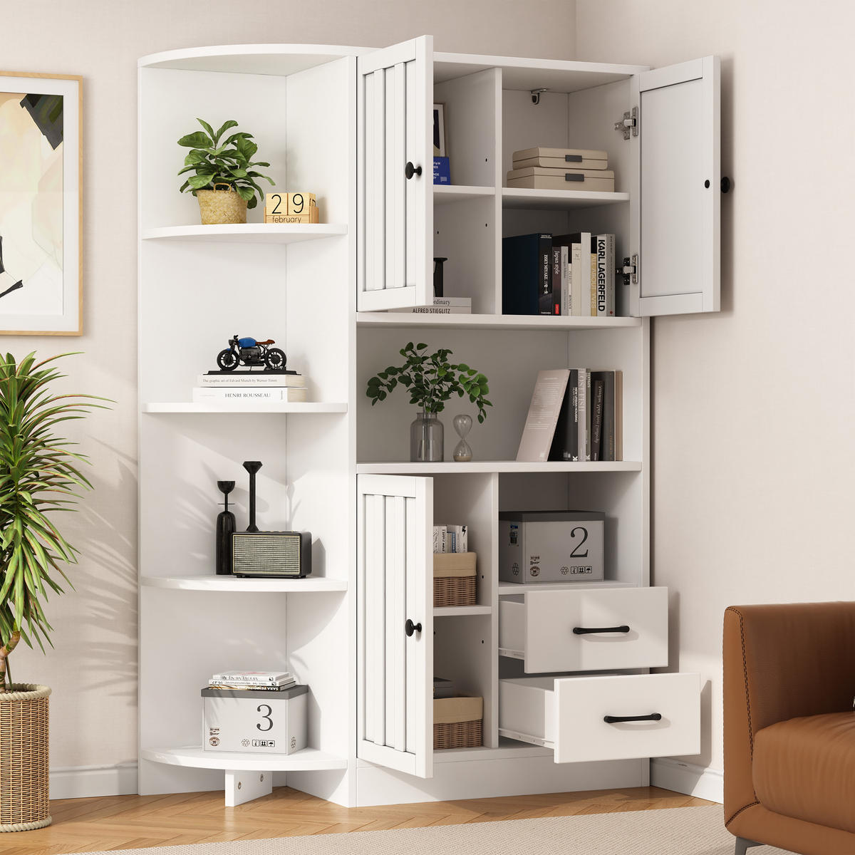 BUFFET mit 3 Schränken 2 Schubladen und 14 Ablageflächen 104/35/155 cm - Weiß, Holzwerkstoff (104/155/35cm) - EVRYAE