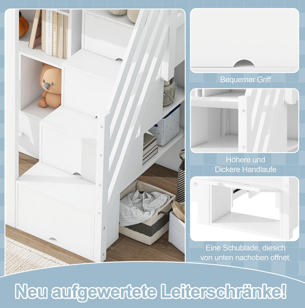 HOCHBETT aus Kiefernholz und MDF 90x200 cm Weiß mit Schreibtisch, Stauraumtreppe und Schubladen - Weiß, Holzwerkstoff (90/200cm) - IVMEU