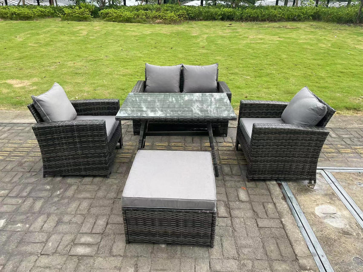 GARTENTISCHGRUPPE Polyrattan 5-Sitzer - Dunkelgrau/Grau, Glas/Kunststoff - Fimous