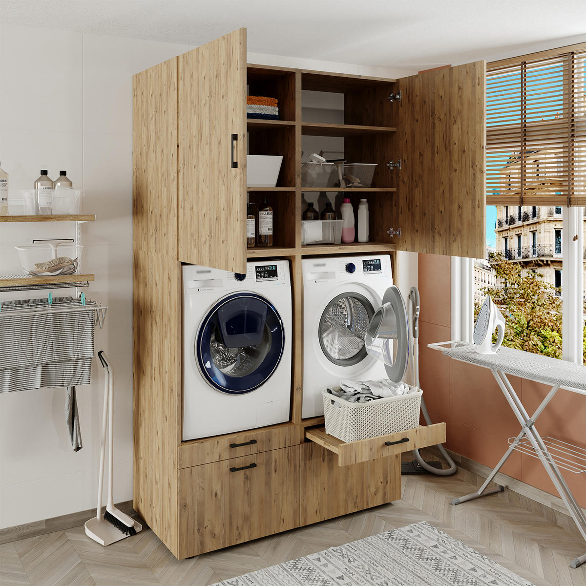 WASCHMASCHINENSCHRANK Serie 2 134cm Breit, 240cm Hoch - Eichefarben, Holzwerkstoff (134/240/67cm)