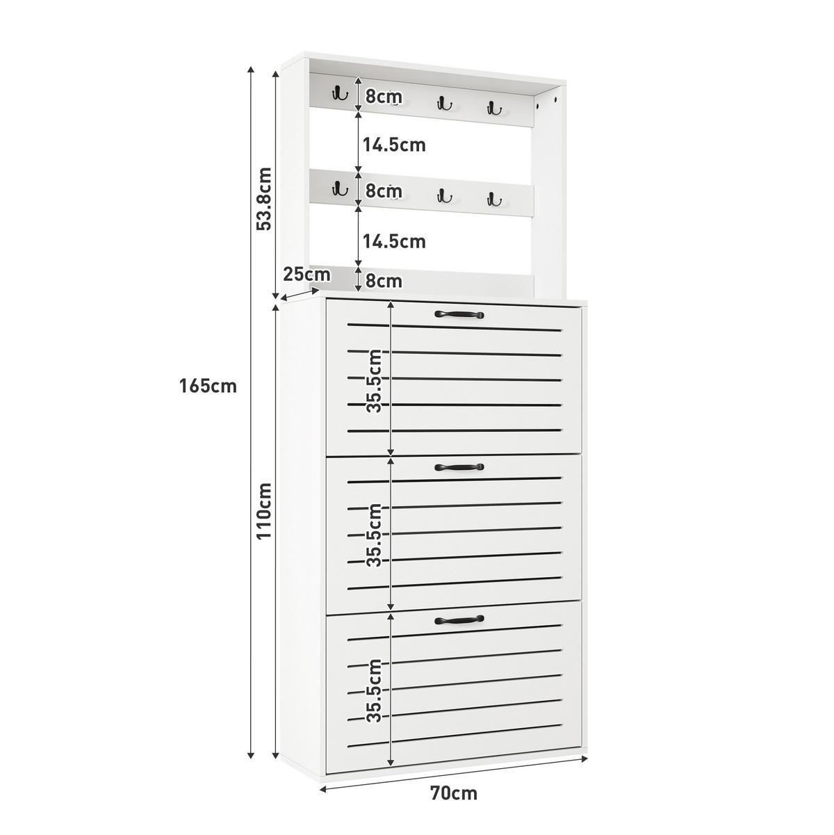 SCHUHSCHRANK aus Spanplatte 70x25x165cm in Weiß mit 8 Haken - Weiß, Holzwerkstoff (70/165/25cm) - Modfu