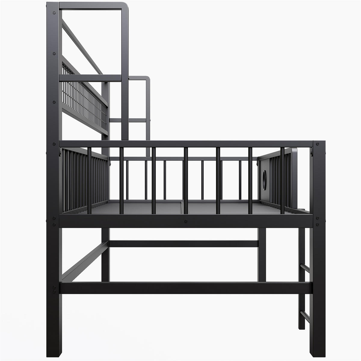 KINDEREINZELBETTEN aus Metall 90x200 cm in Schwarz mit Sicherheitsgitter & Stauraum - Schwarz, Metall (90/200cm) - Modfu