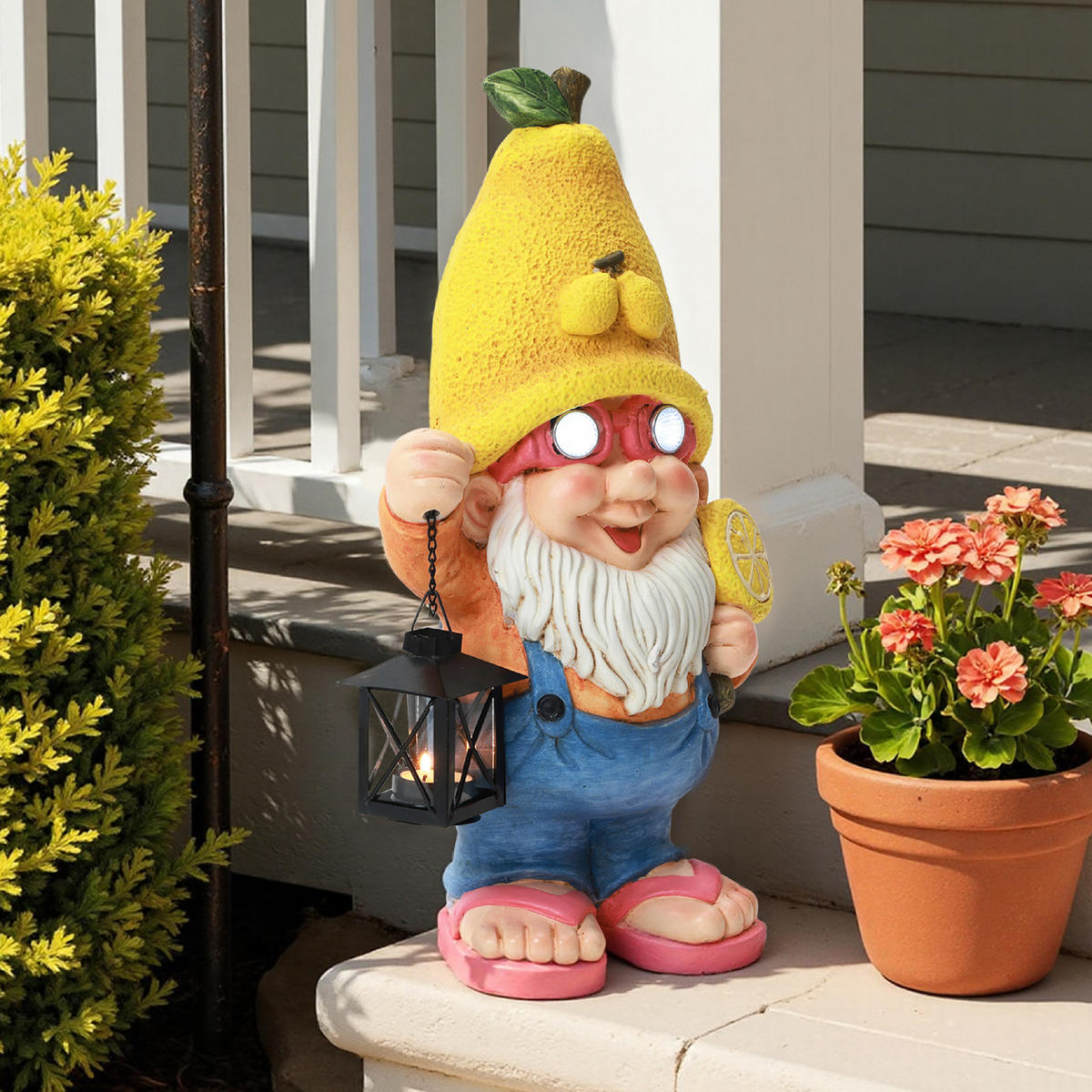 46CM Solarbetriebene Zwerggestalt in Form einer Zitrone Gartenfigur Zwerg mit Laterne, leuchtende Augen Geschenkidee für Mama - Multicolor, Naturmaterialien (23.5/46/16.5cm) - Hometopia