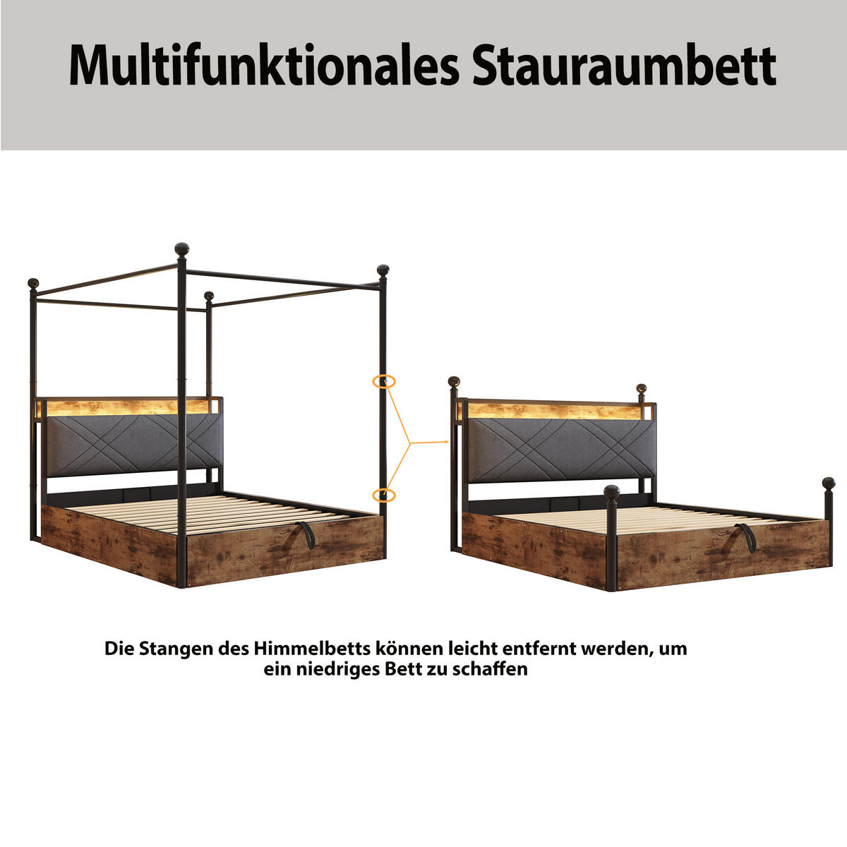 METALLBETT 140/190 cm in Schwarz mit Bettkasten, LED und USB/Type-C Baldachin-Design - Schwarz, Holzwerkstoff/Metall (140/190cm) - STILVORA