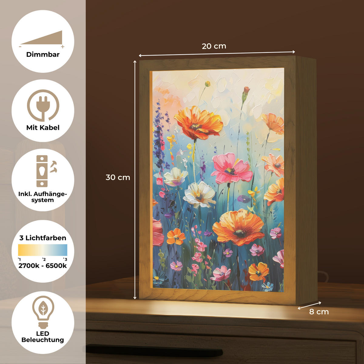 STOLNÁ LAMPA Kvety - Príroda - Akvarel - Umenie 20x30 cm - staroružová, kompozitné drevo (8/20/30cm) - OnlyWow
