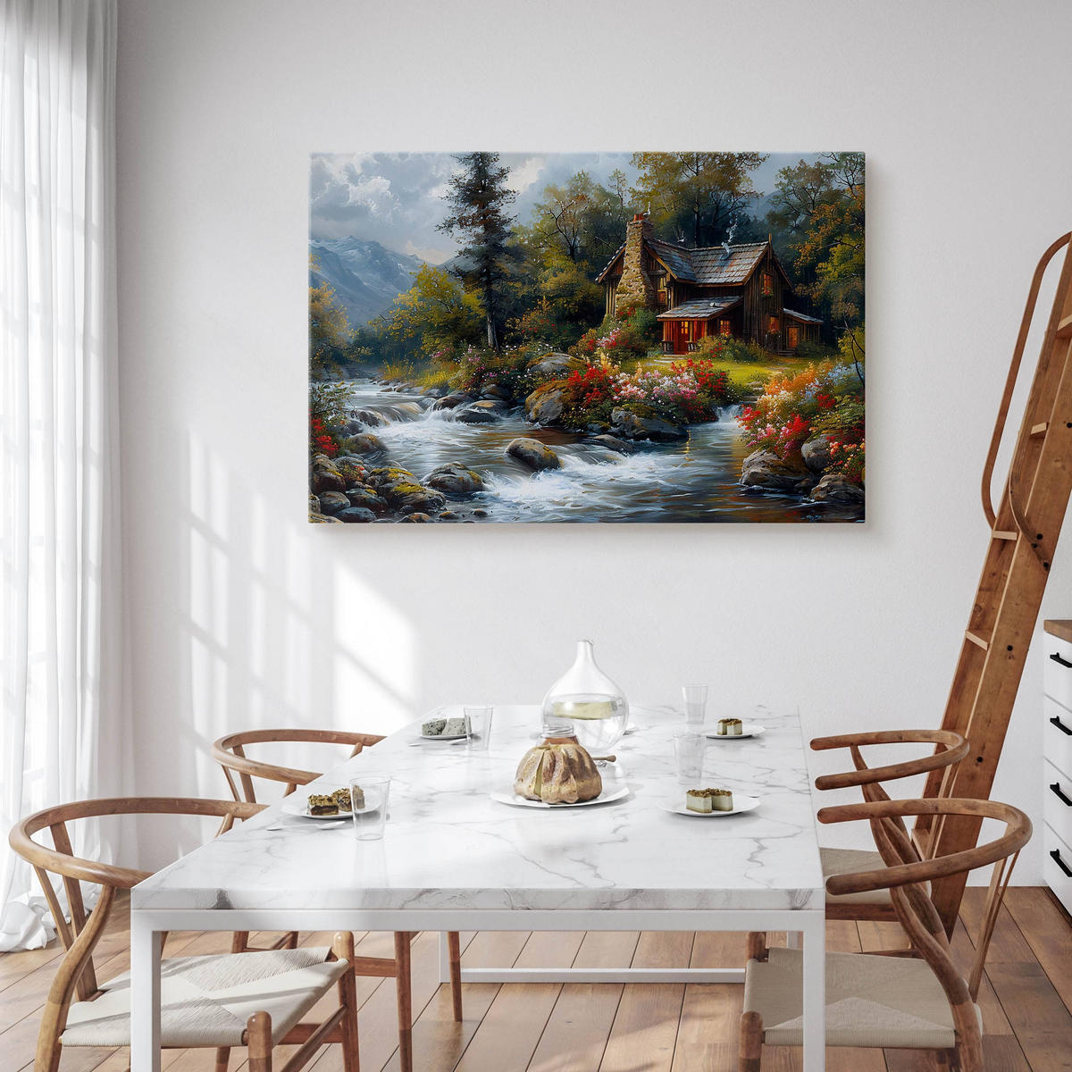 LEINWANDBILD Berghütte Pflanzen Natur Landschaft 90cm x 60cm - Blau/Beige, Textil (90/60cm) - Muralo