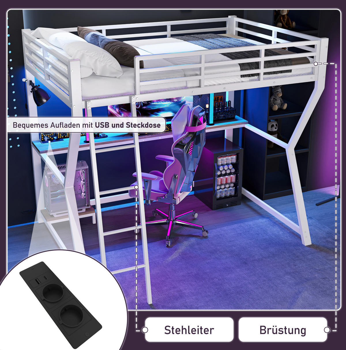 VISOKI krevet 90/200 cm s LED osvjetljenjem, radnim stolom, utičnicom i USB priključkom, Bijela - bijela, metal (90/200cm) - Redom