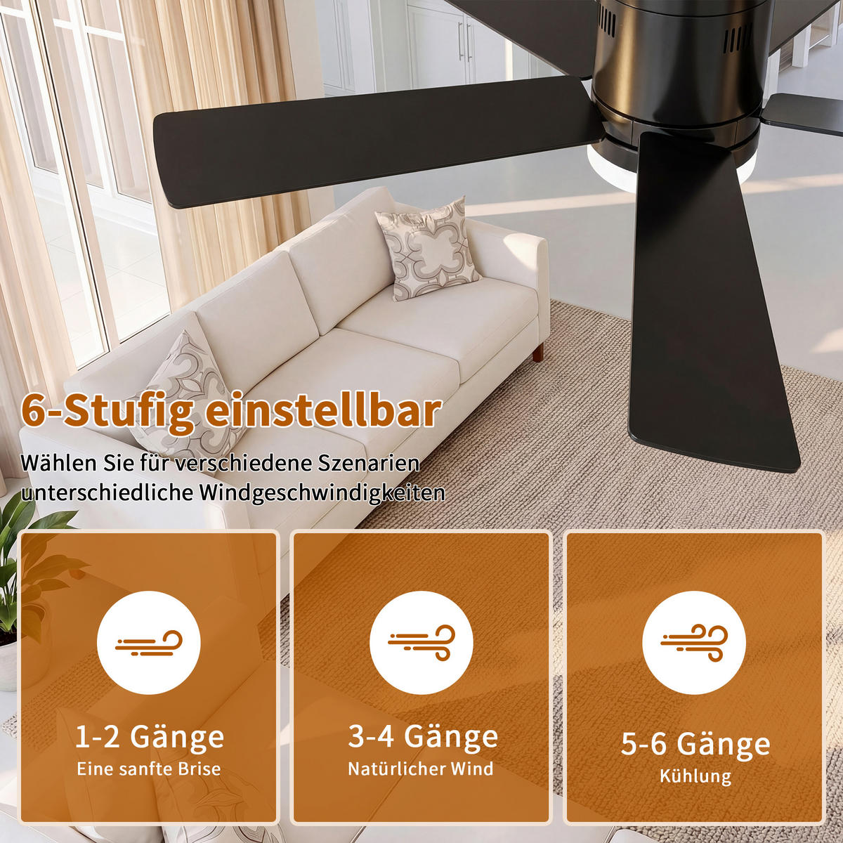 DECKENVENTILATOR mit LED-Licht, 106,6 cm, Schwarz, 6 Stufen & Timer - Schwarz, Metall (106.6/106.6/28cm) - EuroLiving