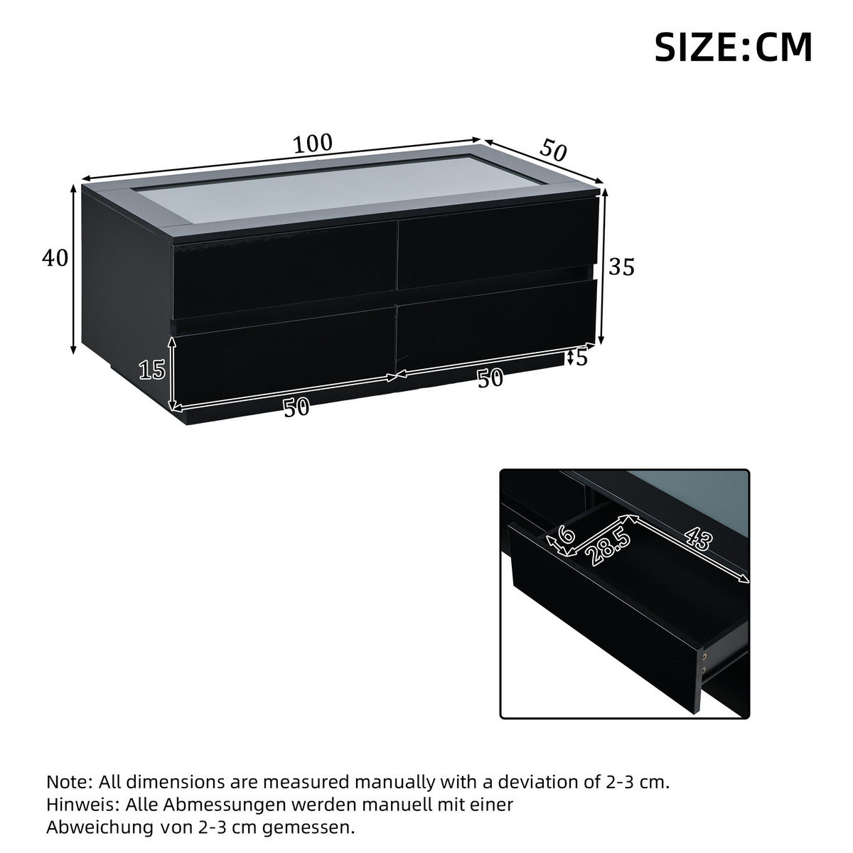 COUCHTISCH in Schwarz mit 4 Schubladen und LED-Beleuchtung für Wohnzimmer, B100/T50/H30 cm - Schwarz, Glas/Holzwerkstoff (50/100/40cm) - STILVORA