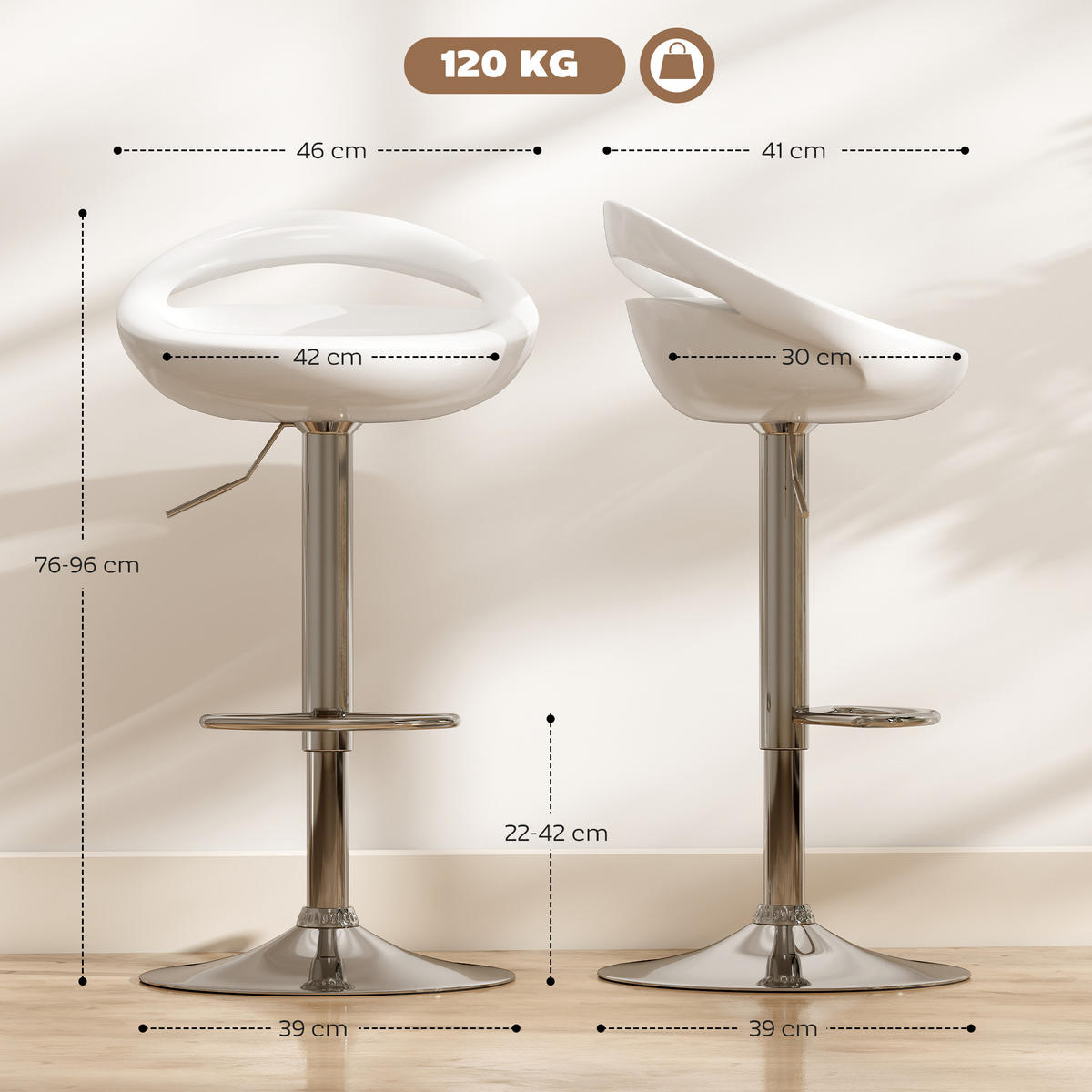 BARHOCKER 2er-Set DE-14769 höhenverstellbar & schwenkbar mit Rückenlehne Weiß - Weiß, Metall (41/96/46cm) - ComfortXL