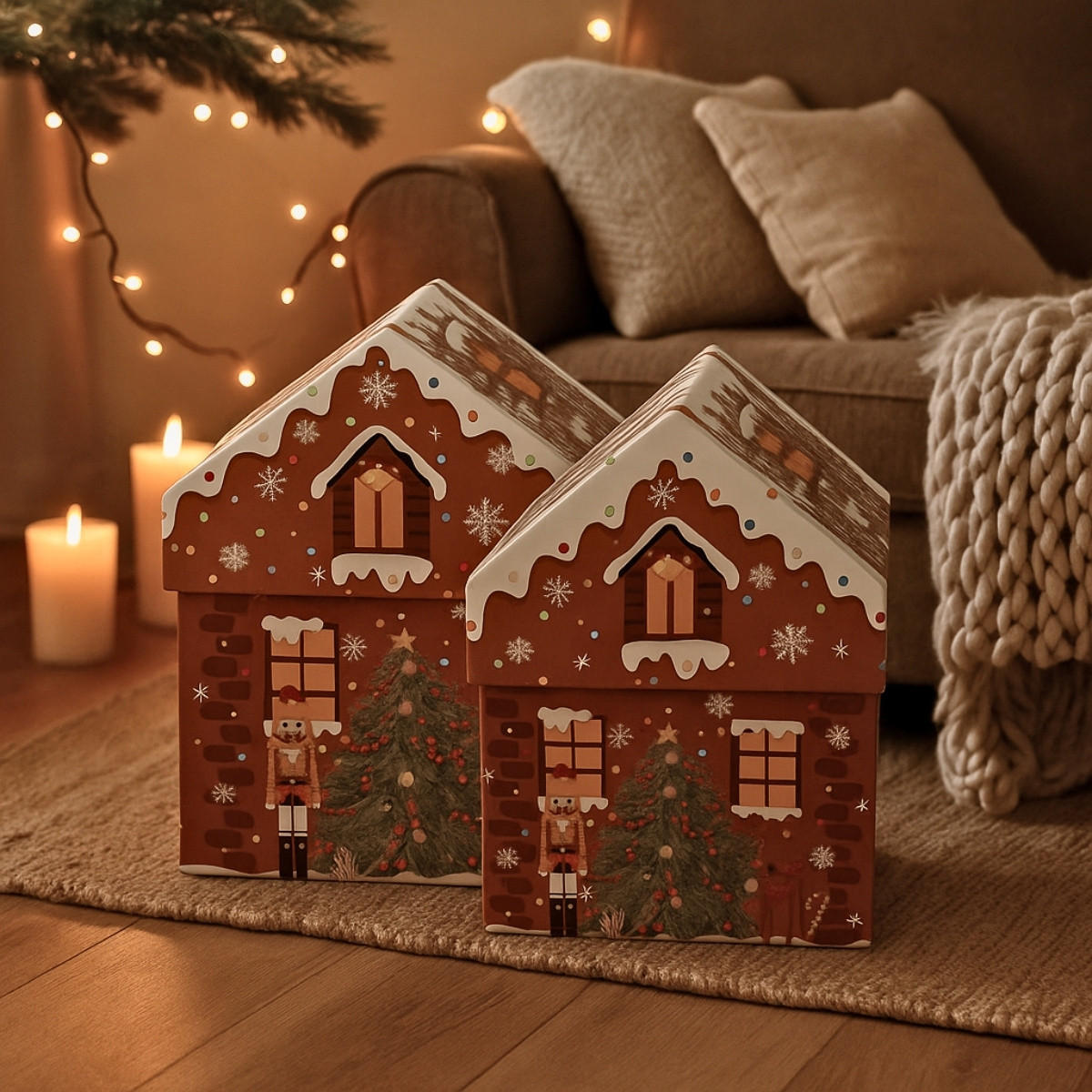 GESCHENKBOXEN Weihnachtshäuschen 2 Stk. - Hellbraun, Papier (15.3/19/15.3cm) - Home Styling Collection