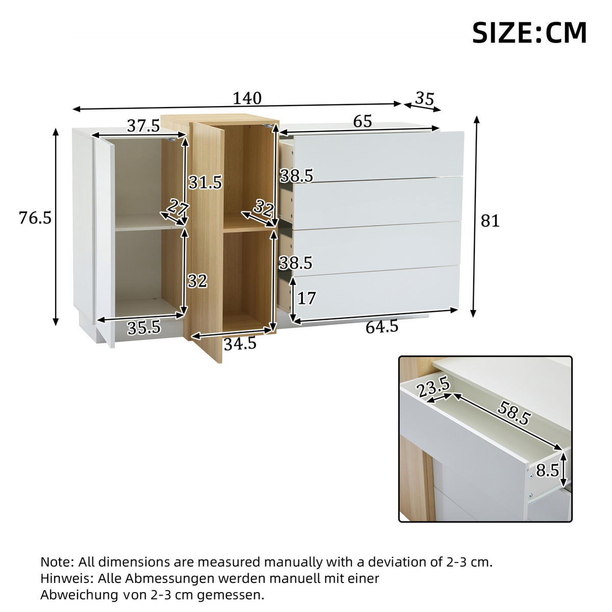 SIDEBOARD aus MDF 140x35x76,5 cm Weiß mit Hochglanzfront, Push-to-Open und 4 Schubladen - Weiß, Holzwerkstoff (140/76.5/35cm) - Modfu