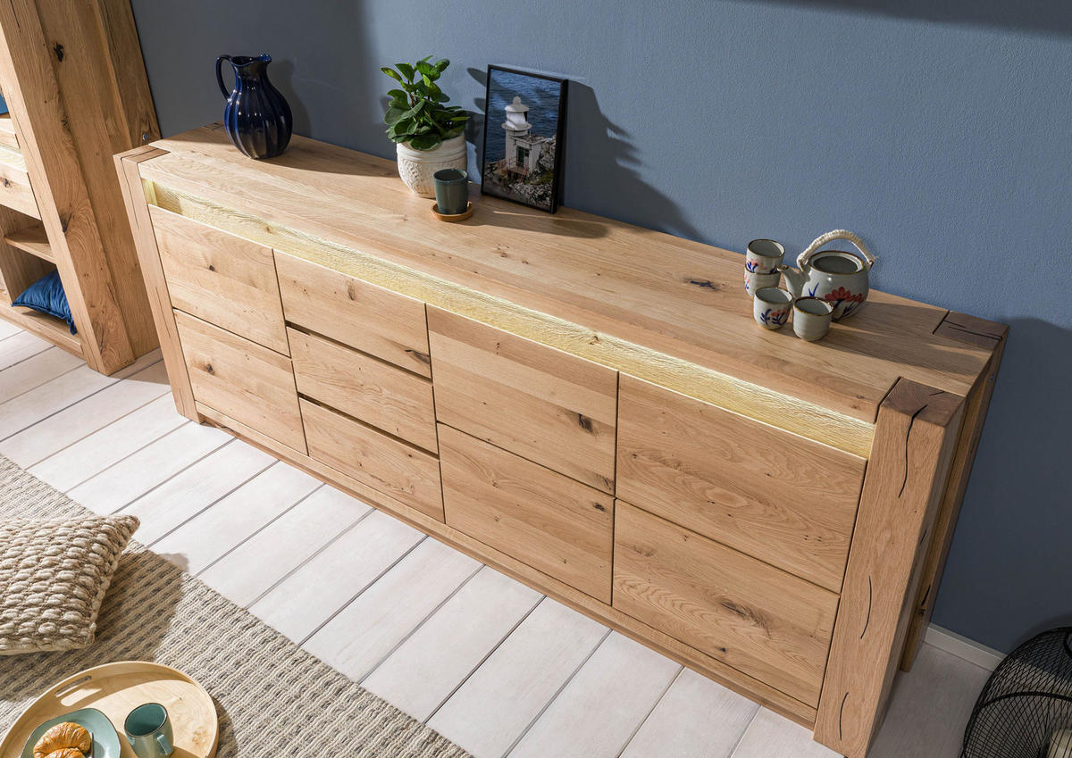 SIDEBOARD Wildeiche 223x40x85 beige geölt KENT #231 - Beige, Holz (223/85/40cm) - Massivmoebel24