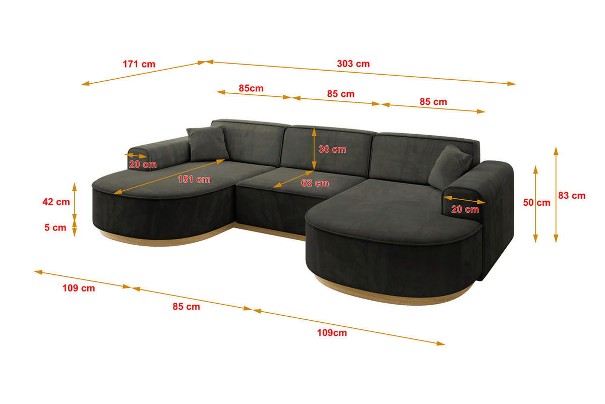 WOHNLANDSCHAFT MARI-U1-v2 - 303x171x83 cm Schwarz Velours - Schwarz, Holzwerkstoff/Textil (303/83/171cm) - ALTDECOR