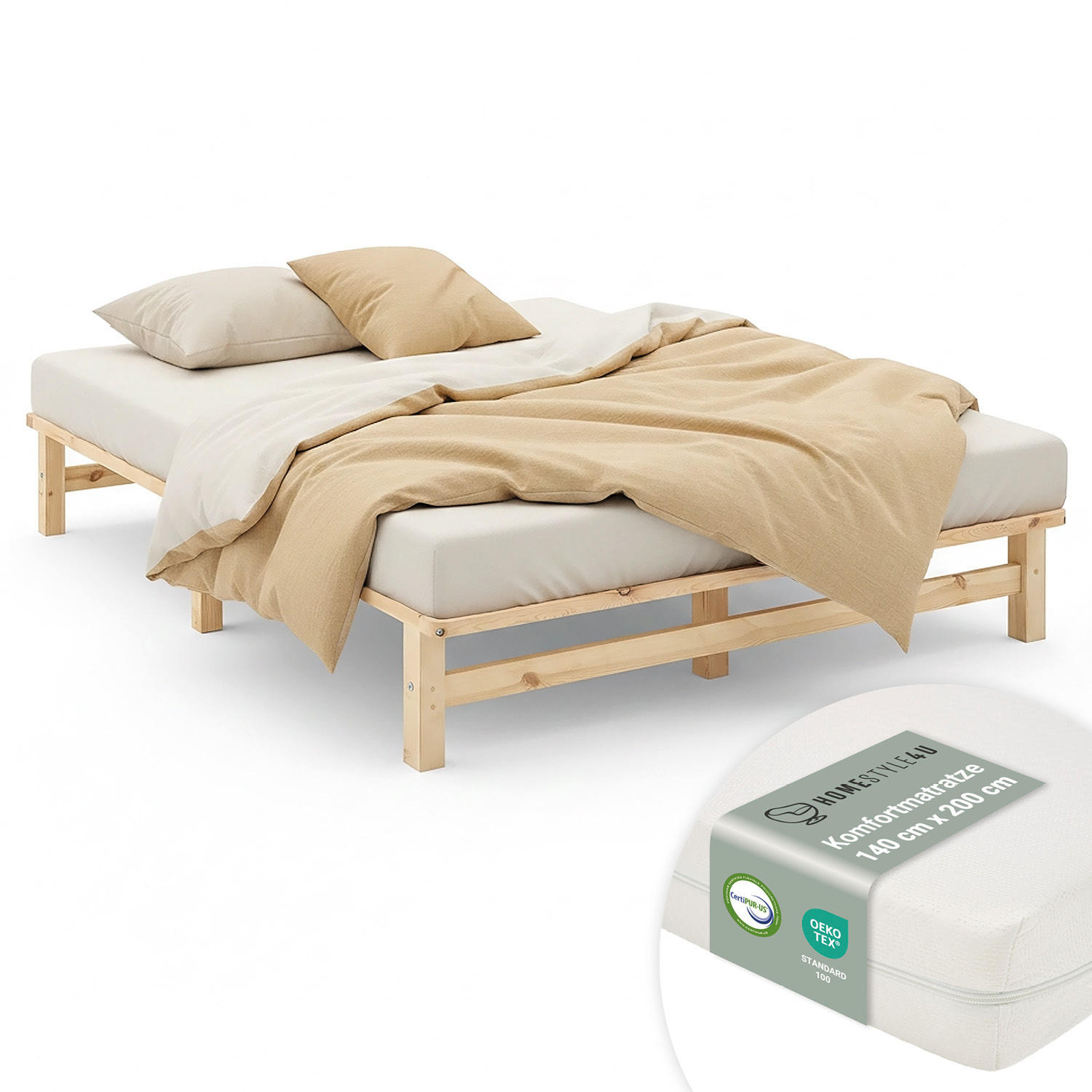 HOLZBETT mit Matratze 140/200 cm natur - Braun, Holz (140/200cm) - Homestyle4u