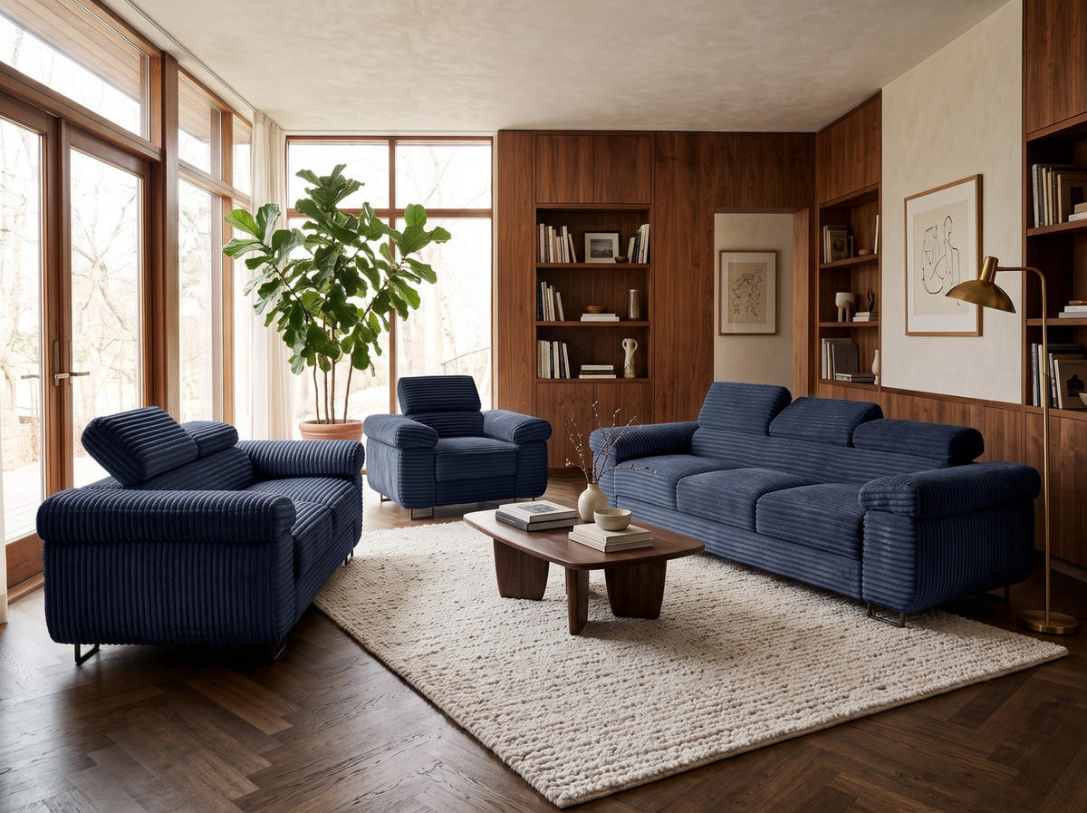 GUSTAW Sitzgarnitur 3+2+1, Schlafsofa 3-Sitzer, Cordbezug Blau - Blau, Textil (225/92/101cm) - KS Home Concept