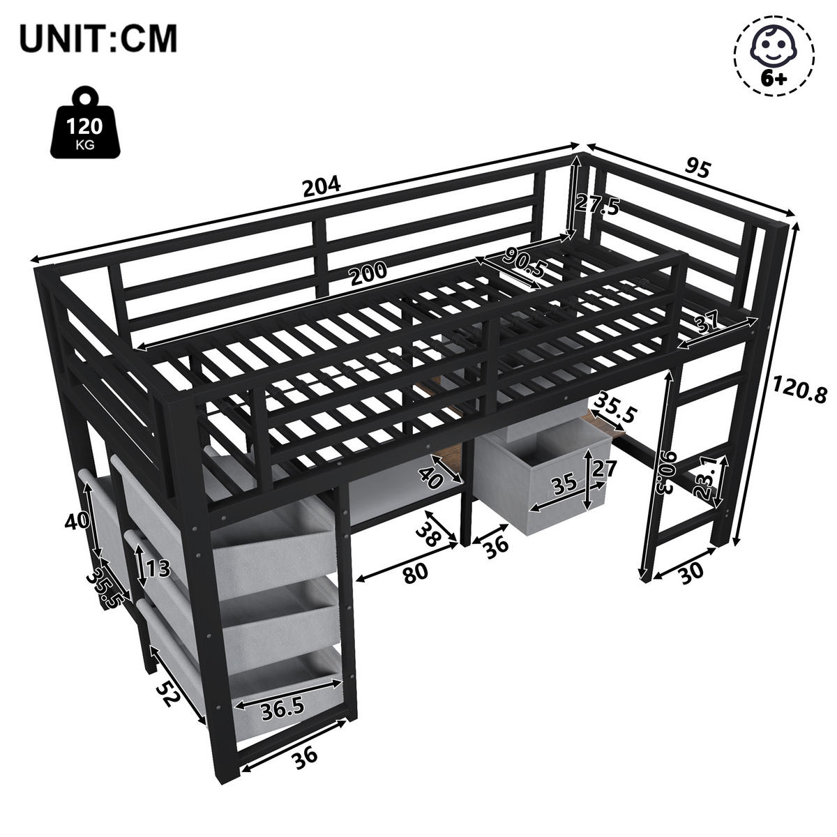 HALBHOHES BETT 90x200cm Schwarz Metall LED-Licht Sitzkissen - Schwarz, Metall (90/200cm) - FLIEKS