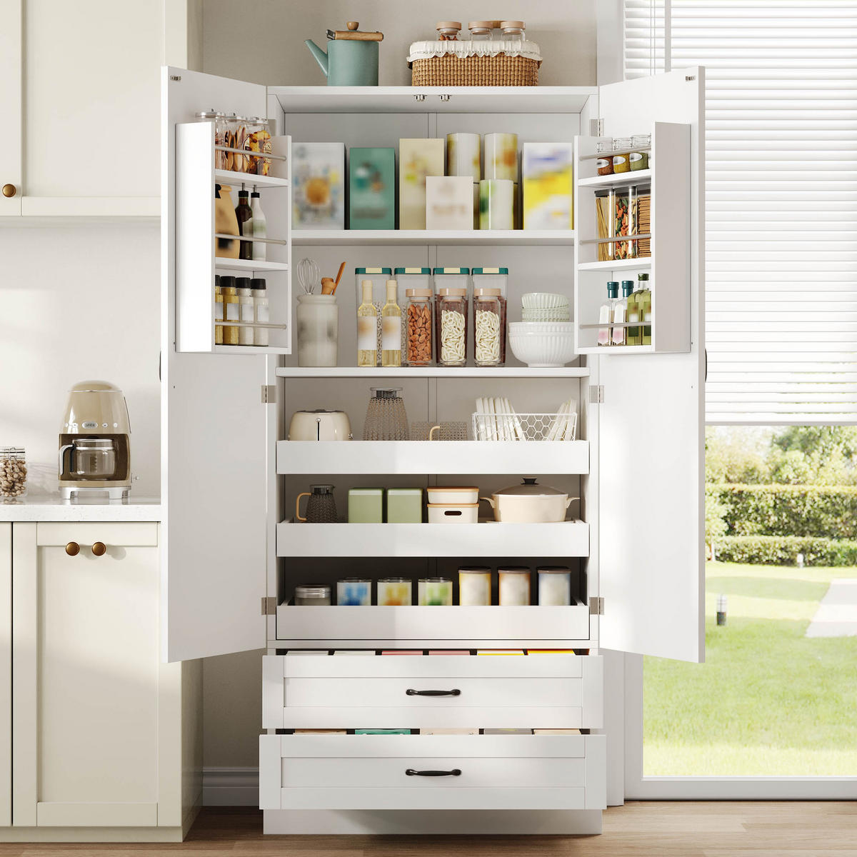 GESCHIRRSCHRANK 180 cm MDF Weiß mit Ausziehböden und Schubladen - Weiß, Holzwerkstoff (37.5/180/80cm) - Korfee