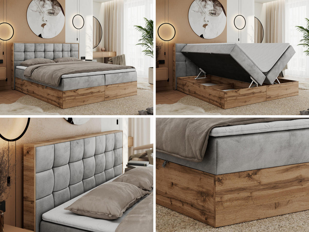 BOXBETT ALBERO 1 - 140/200 Hellgrau Velvet - H4 - Hellgrau, Holz/Textil (140/200cm) - MKS