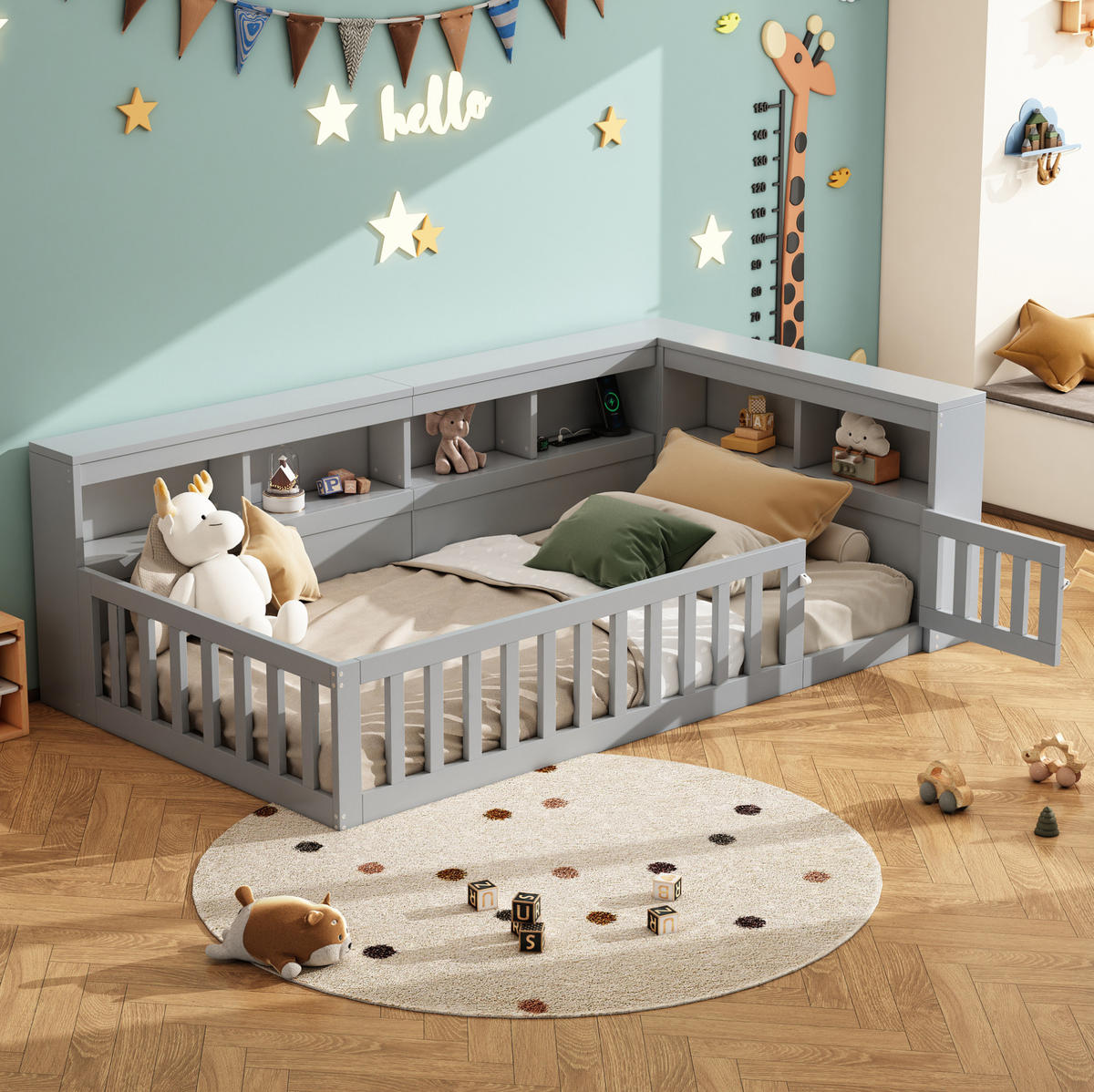 POLSTERBETT 90/200 cm Grau mit Stauraum, Lattenrost, Steckdose und USB - Grau, Holzwerkstoff (90/200cm) - Flora Grace