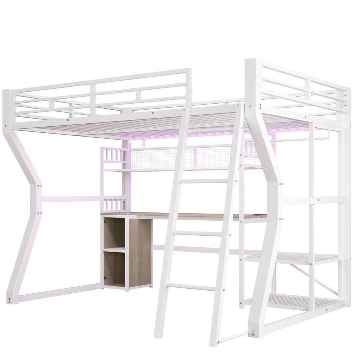 HOCHBETT 140/200 cm aus Metall und MDF mit Lichtleiste, Steckdose, Schreibtisch und Stauraum, Weiß - Weiß, Holzwerkstoff (140/200cm) - Redom