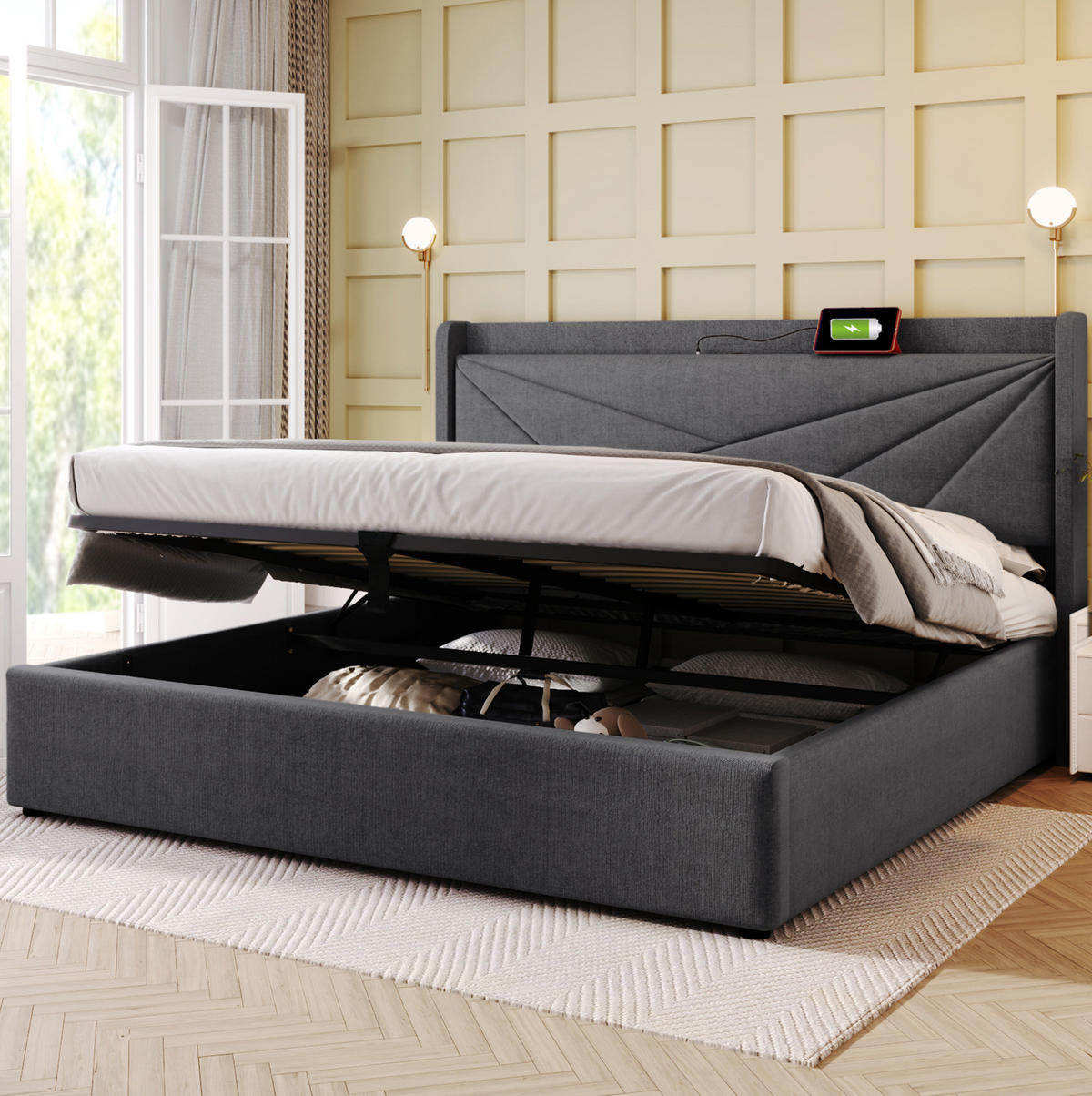 POLSTERBETT 140/200 cm mit Bettkasten, USB-C und gepolstertem Kopfteil - Grau, Textil (140/200cm) - BEAOK