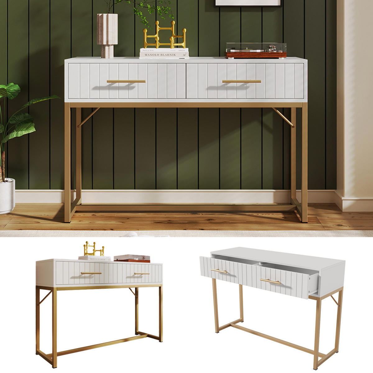 SCHMINKTISCH DE-38248 100/45/75 cm mit 2 Schubladen Weiß/Gold - Weiß, Holzwerkstoff (100/45/75cm) - ComfortXL