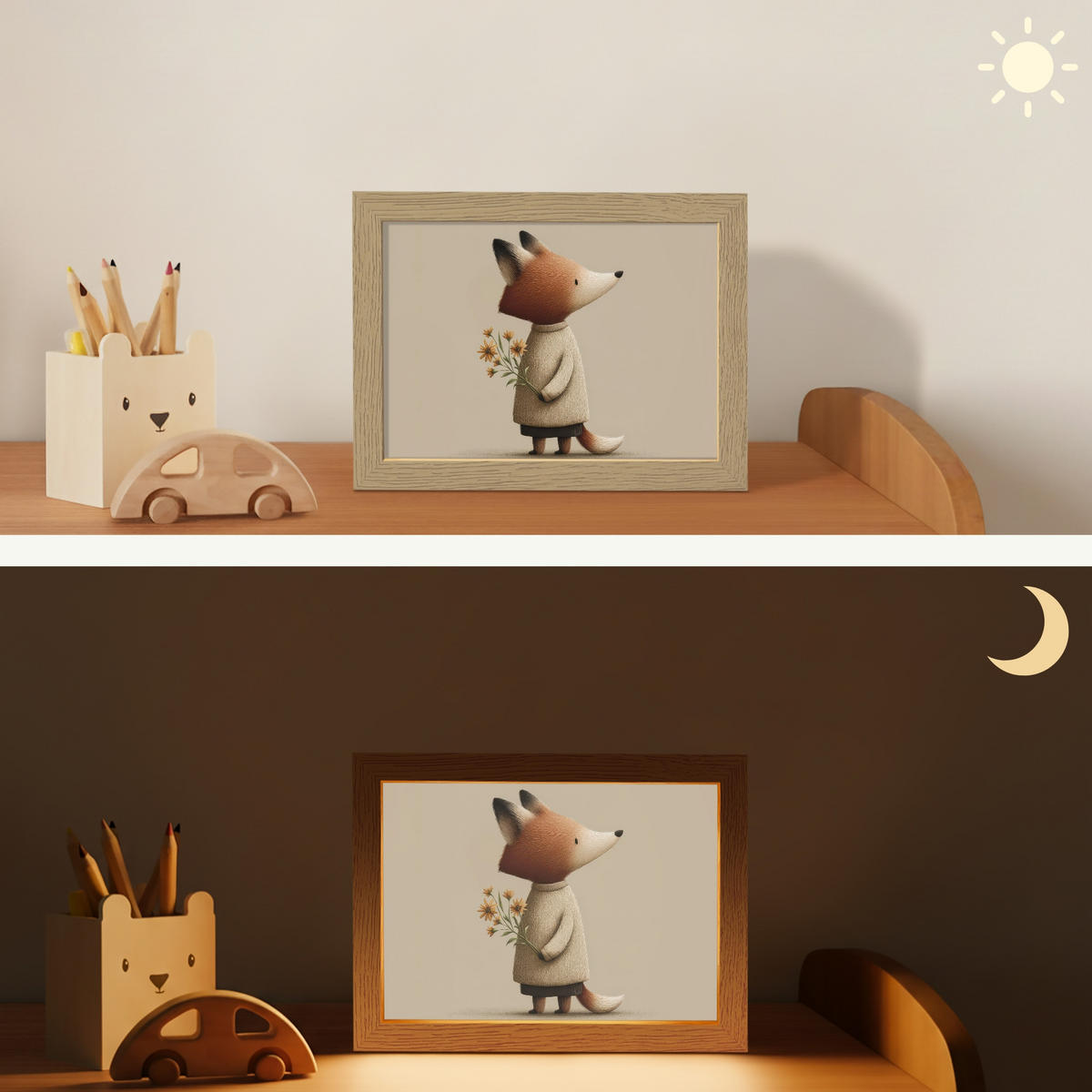 NACHTTISCHLAMPE Fuchs - Gelbe Blumen - Minimalistisch 20x15 cm - Taupe, Holzwerkstoff (8/20/15cm)