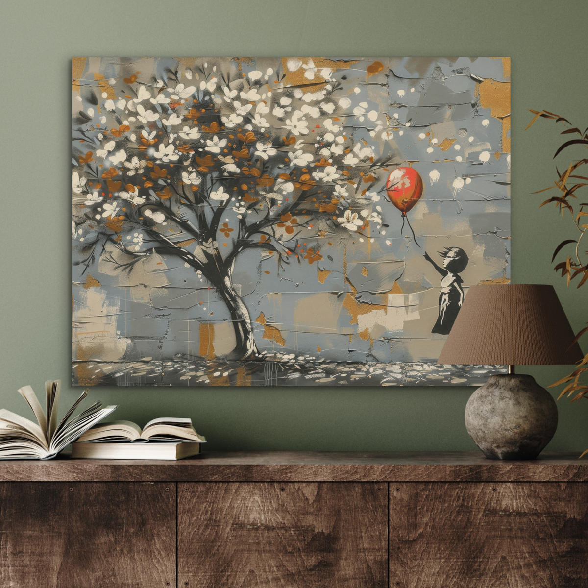 AKUSTIKPANEEL Baum - Graffiti - Banksy-Stil - Ballon-Mädchen 80x60 cm - Blaugrau, Textil (80/0.9/60cm) - MuchoWow