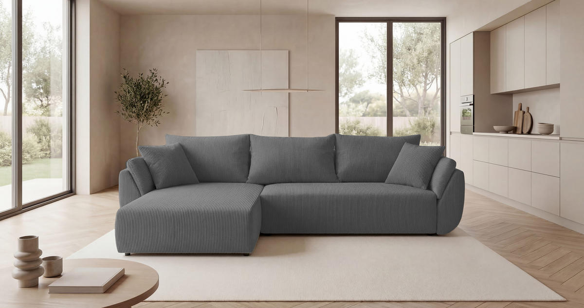 ECKSOFA SYDNEY links grau Cord Poso 55 - Schlaffunktion, Bettkasten - Grau, Textil (280/174cm) - Cornero