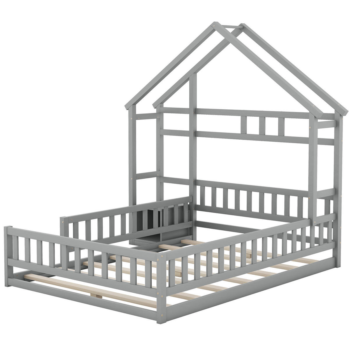 HAUSBETT aus Kiefernholz und MDF 140x200 cm Grau mit Geländer und Nachttisch - Grau, Holzwerkstoff (140/200cm) - IVMEU