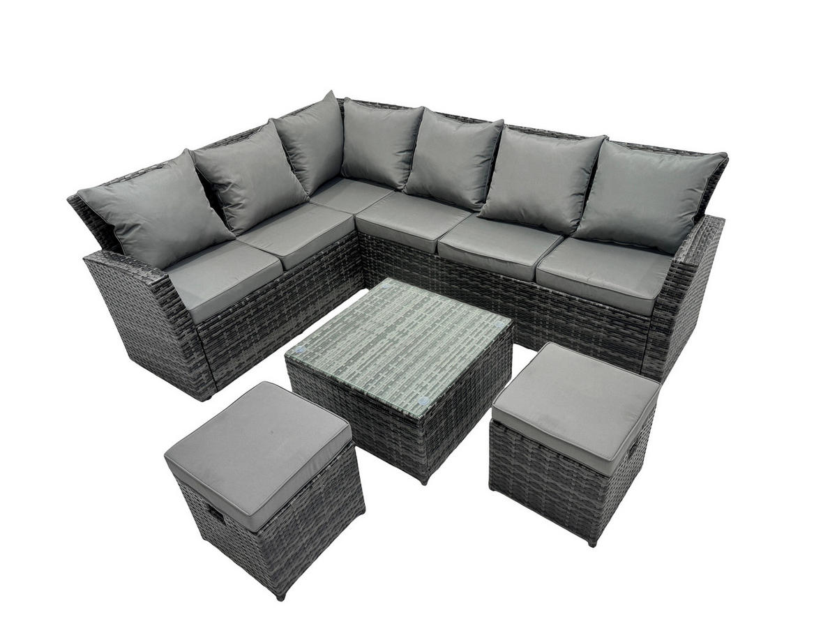 GARTEN-ECKSOFAGARNITUR mit Couchtisch Polyrattan Dunkelgrau 8-Sitzer - Dunkelgrau/Grau, Glas/Kunststoff - Fimous