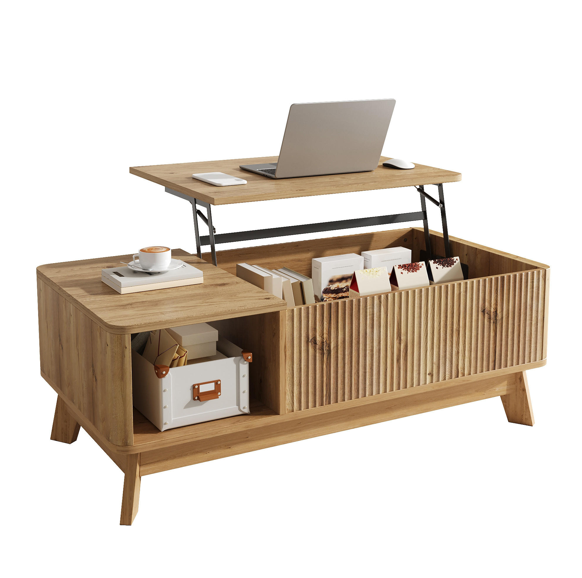 COUCHTISCH 95/48/50 cm aus MDF mit höhenverstellbarer Tischplatte, Stauraum und Wellenoptik, Natur - Naturfarben, Holzwerkstoff (95/48/50cm) - Redom