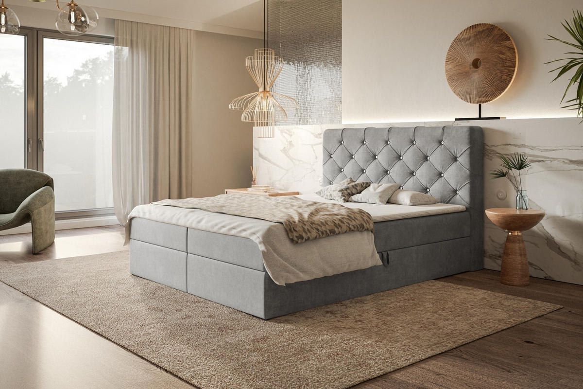 BOXBETT BOSTON mit 2 Bettkästen, 160x200, Farbe: Grau, Velourstoff, Doppelbett mit Bonell-Matratze - Grau, Holz/Kunststoff (160/200cm) - Alpi-Möbel
