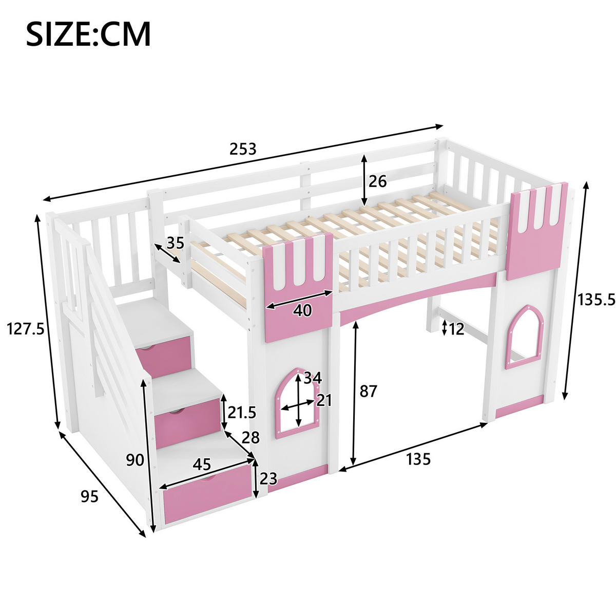 HOCHBETT 90/200 cm, Weiß/Rosa mit Stauraumtreppe und 2 Fenstern - Weiß, Holz (90/200cm) - MIVRAY