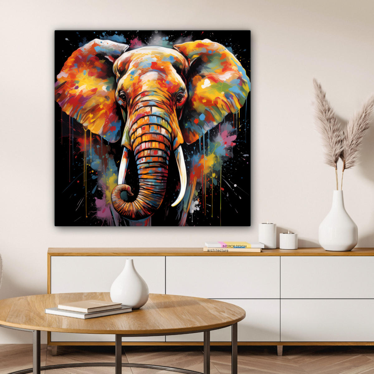 LEINWANDBILD Elefant - Graffiti - Schwarz - Tiere - Farben 90x90 cm - Schwarz, Textil (90/90cm) - MuchoWow