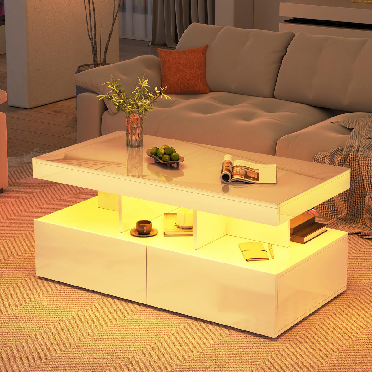 COUCHTISCH 104 x 53 x 46 cm, Wohnzimmertisch mit LED-Beleuchtung und Schubladen, Hochglanz Weiß - Weiß, Metall (104/53/46cm) - PARAFTA HOME
