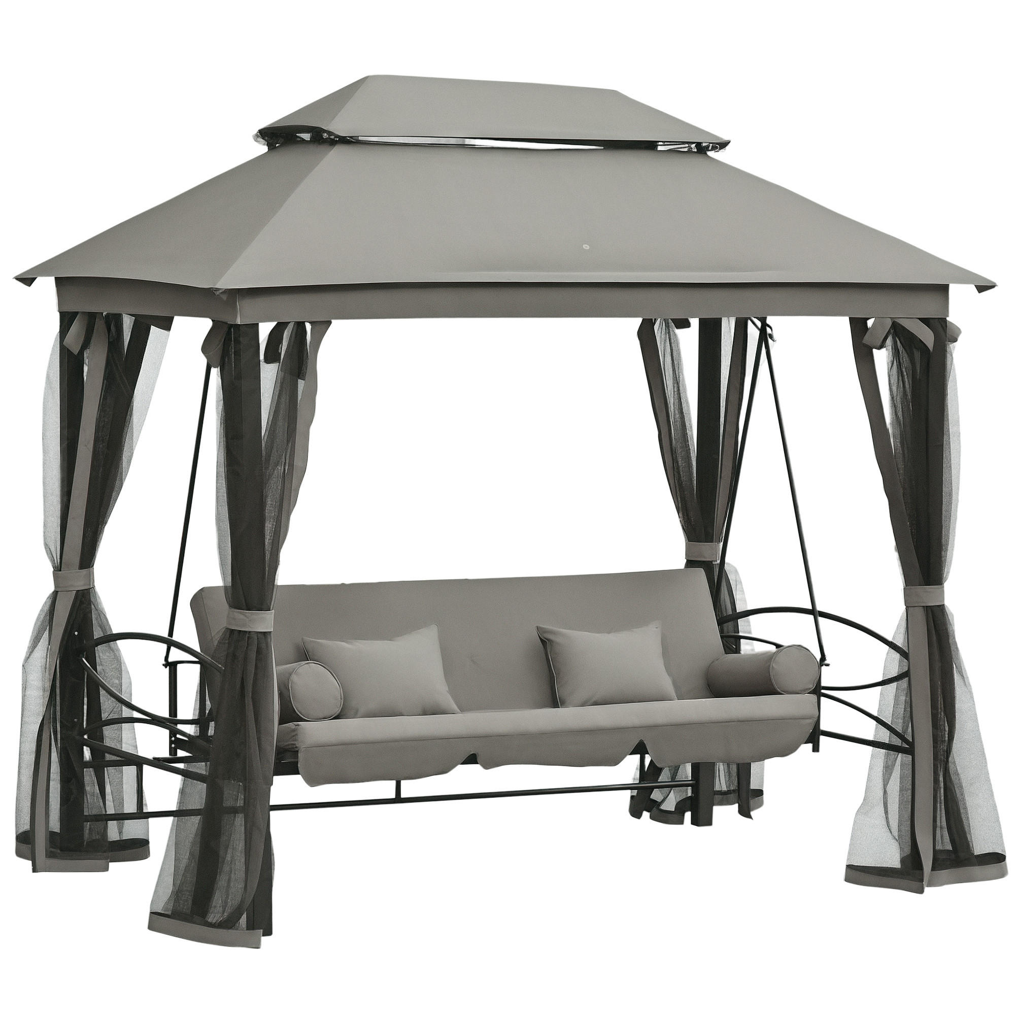 HOLLYWOODSCHAUKEL DE-06976 3-Sitzer, mit Seitenwänden & Moskitonetz, Liegefunktion Grau - Dunkelgrau, Metall (256/248/172cm) - ComfortXL