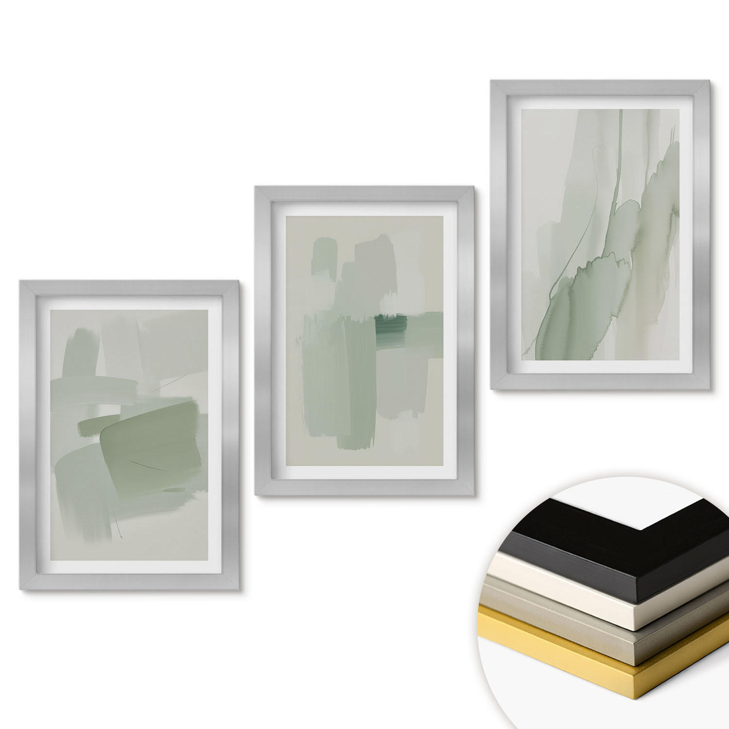 WANDBILDER 3er Set - 20x30 cm Silberner Rahmen - Abstrakte Aquarellmuster - Silberfarben, Kunststoff (20/30cm) - ArtPrintCave