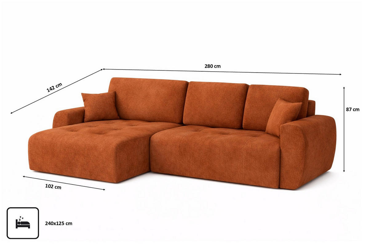 ECKSOFA Mit Schlaffunktion Und Bettkasten L-Form Ivo XL, Veloursstoff Salvador, Braun, Links - Braun, Holz (280/142cm) - Kaiser Möbel