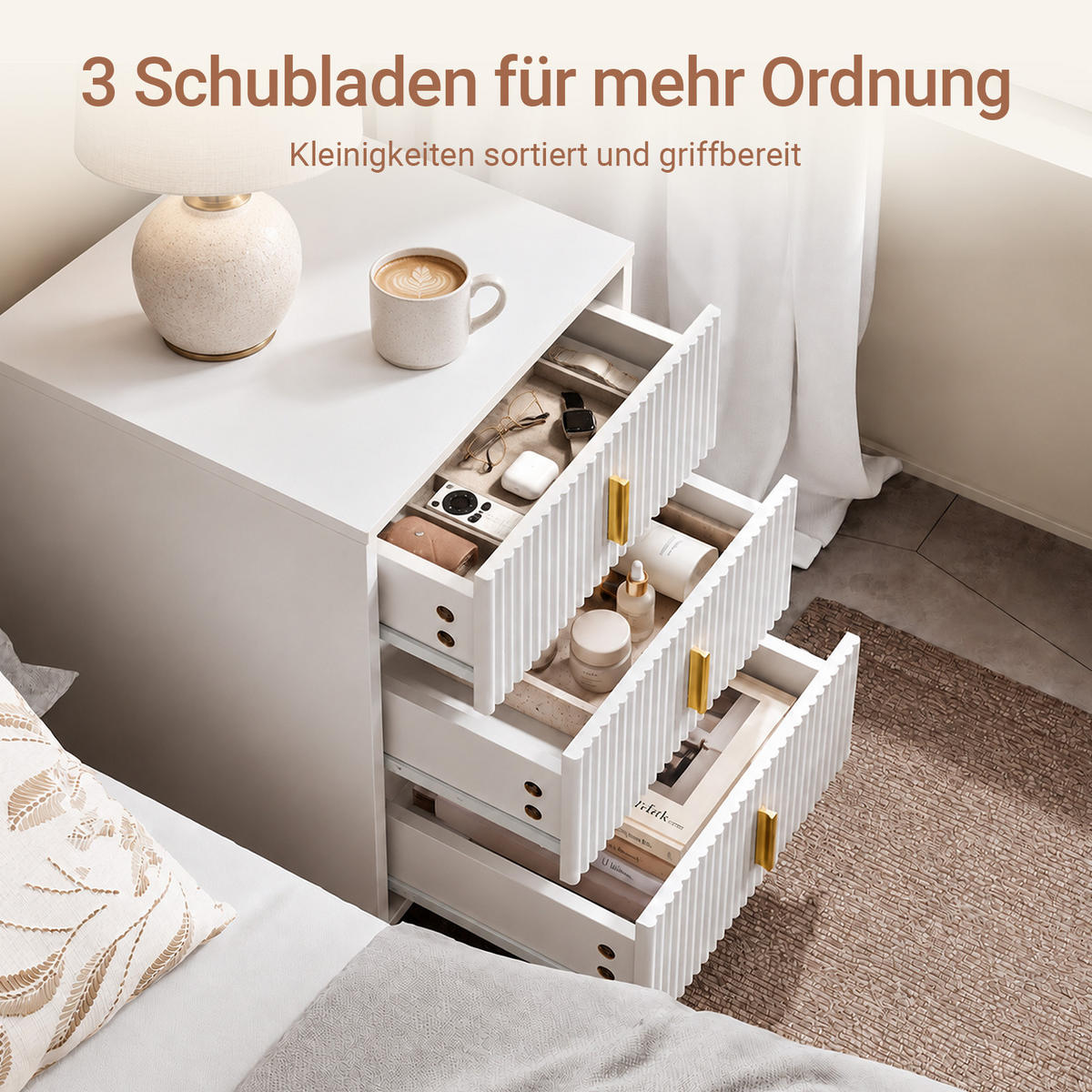 NACHTTISCH mit 3 schubladen, Weiß 40x40x63 cm - Weiß, Holzwerkstoff/Metall (40/63/40cm) - SoBuy