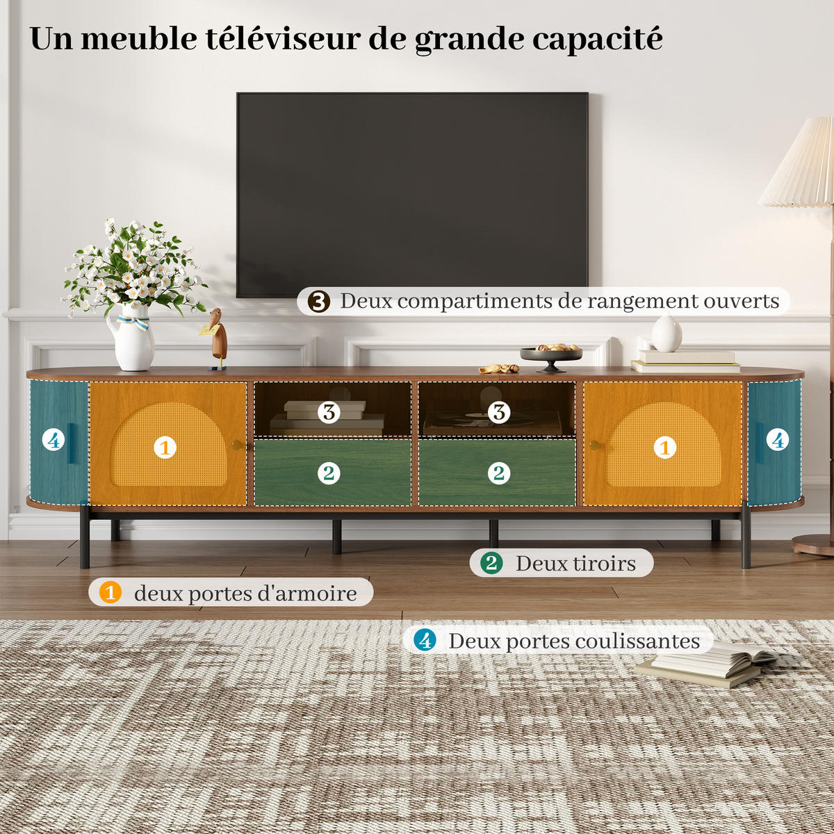 TV SKŘÍŇ v dekoru dřeva Oválná TV skříňka s ratanem a posuvnými dvířky, B200/T40/H49,5cm - černá/hnědá, kov/kompozitní dřevo (200/49.5/40cm) - STILVORA