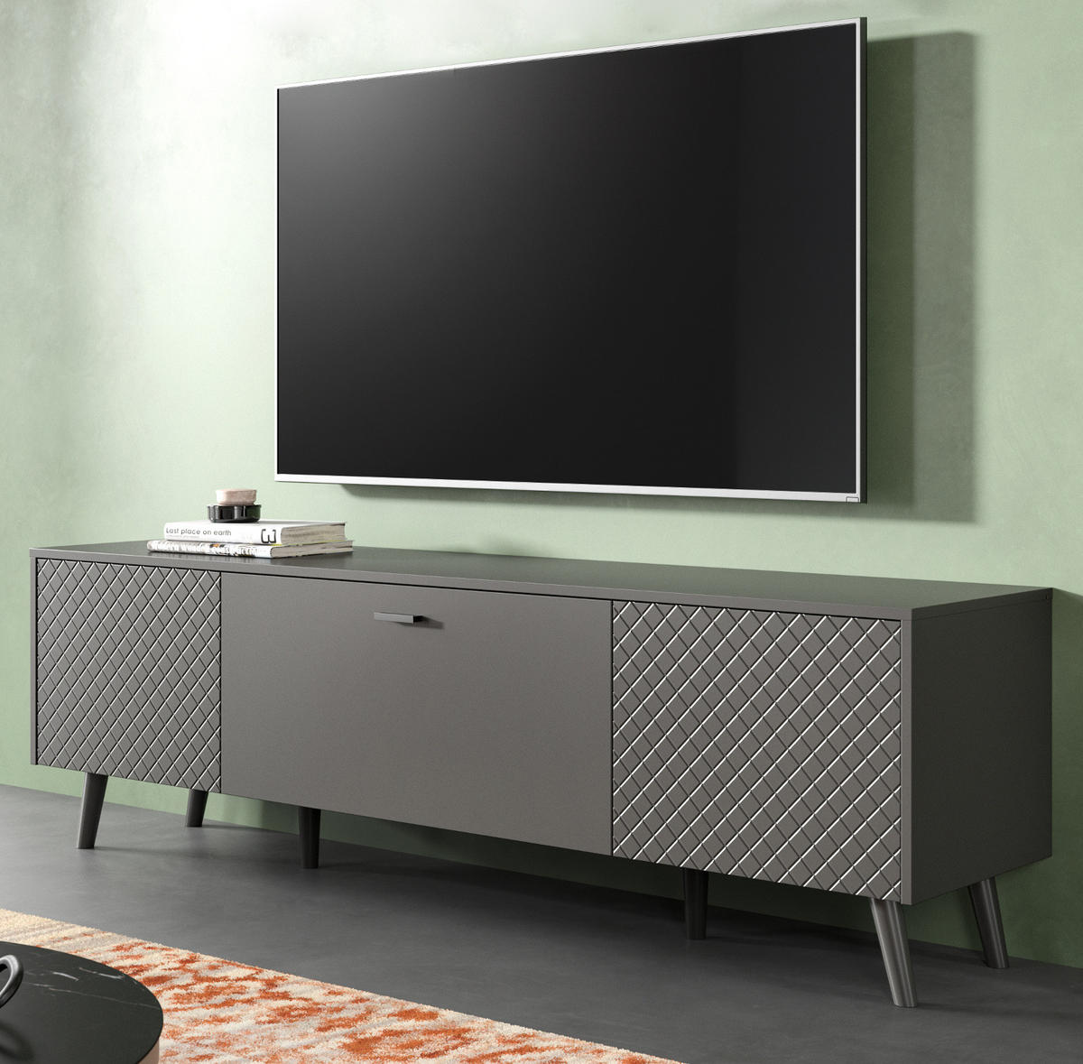 TV-LOWBOARD grau matt 185 cm, TV-Unterteil mit Struktur - Schwarz/Grau, Holzwerkstoff/Metall (185/55/40cm) - Inn.Furn